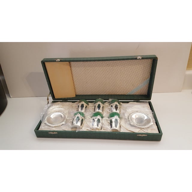 Beautiful, Delicate , Six Brilliant Emerald Green Drinking Cups with Outer Silver Bronze Encasement . Six Silver Bronze...