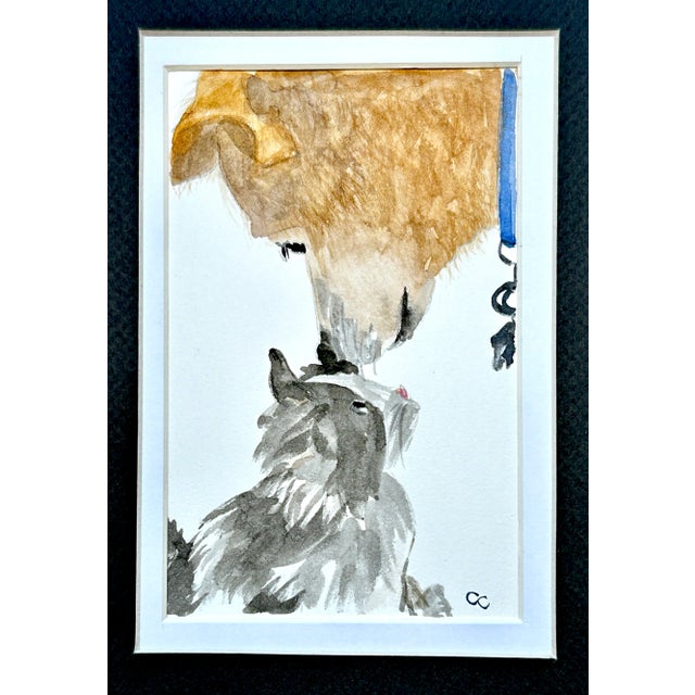 Original watercolor painting of my dog Scuffy and a cat meeting for the first time. Approximately 8 x 10 inch double mat...