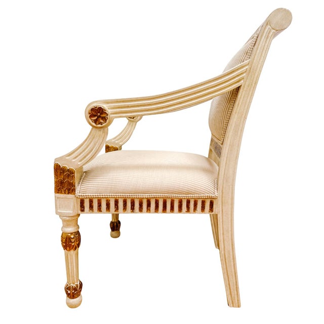 Early 20th Century Vintage Italian Neoclassical Gilt & Painted Armchair Fauteuils With Rosette Carvings - A Pair For Sale - Image 11 of 18