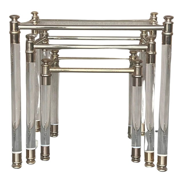 Set of Three Vintage Lucite an Brass Nesting Tables With Glass Top For Sale