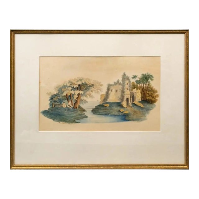 English 19th Century Arcadia Landscape Watercolor by G. Scobel For Sale