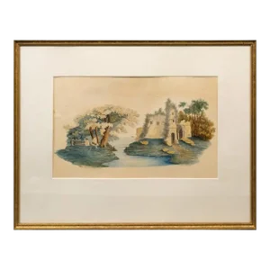 English 19th Century Arcadia Landscape Watercolor by G. Scobel