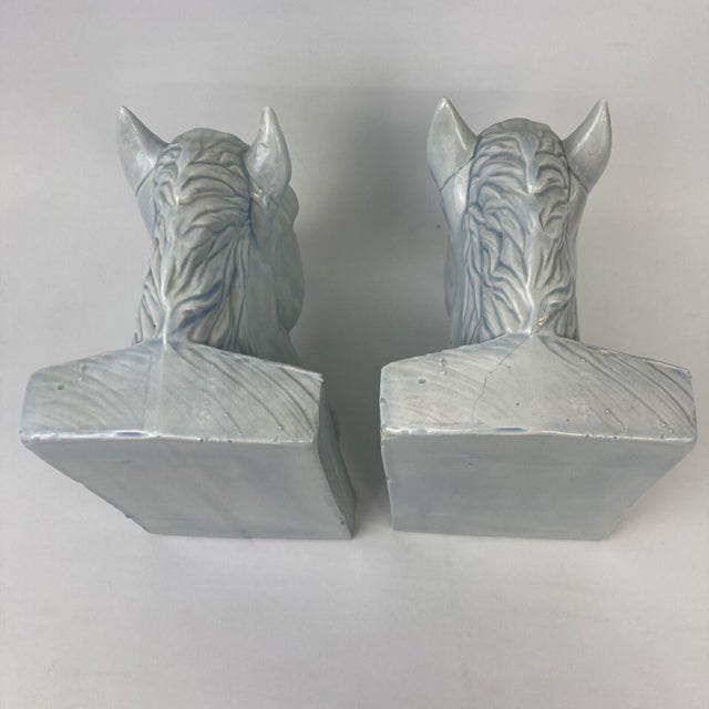VTG Set 2 Mid Century Ceramic Horse Head Bookends Pale Blue White Glazed 8.5" BRAND: Unknown. Handmade? MATERIAL: Glazed...