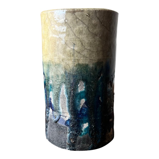 Studio Pottery Marked Libby ‘88 Cylinder Drip Glaze Vase For Sale