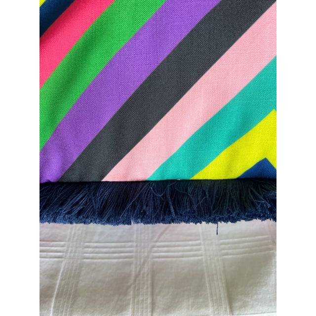 Caribbean Multicolor Stripe Pillow Cover With Navy Brush Fringe For Sale - Image 4 of 8