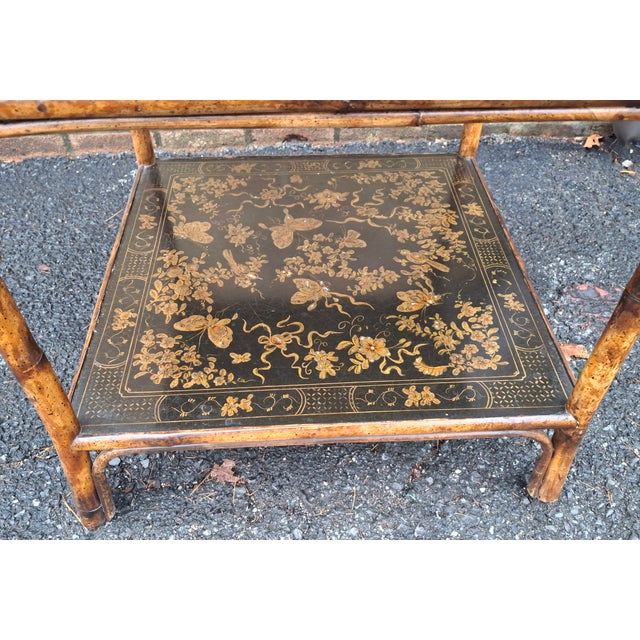 Late 20th Century Theodore Alexander Black Japanned and Ornate Bamboo Single Drawer Tier Side Table For Sale - Image 14 of 18