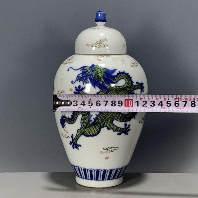Chinoiserie Dragon Lidded Ginger Jar, Green & Blue Dragon Porcelain Temple Jar Oriental Mantel Decor For Sale - Image 4 of 9