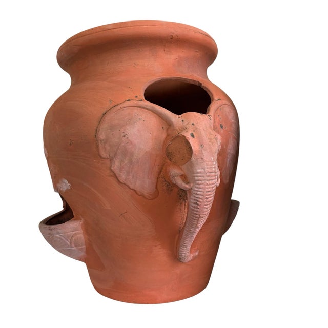 Late 20th Century Vintage Terracotta Elephant Motif Strawberry Planter Pots, A Pair For Sale - Image 5 of 11