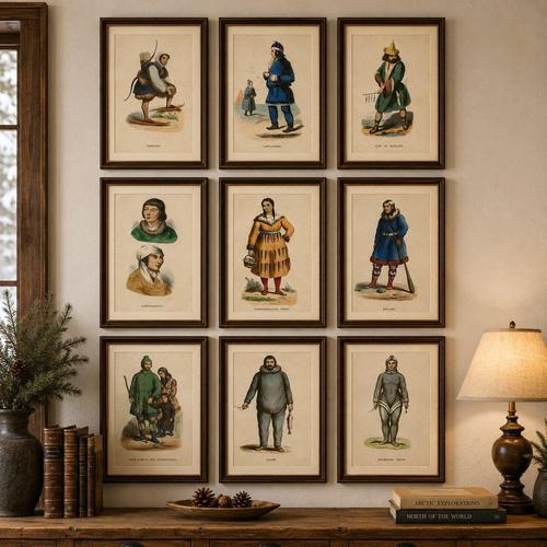 Antique Arctic Peoples & Northern Tribes Costume Prints, Set of 9 An exceptional and visually cohesive set of nine...