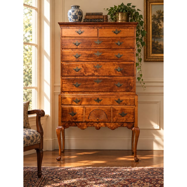 This distinguished 18th-century New Hampshire Queen Anne maple highboy, a testament to early American craftsmanship,...