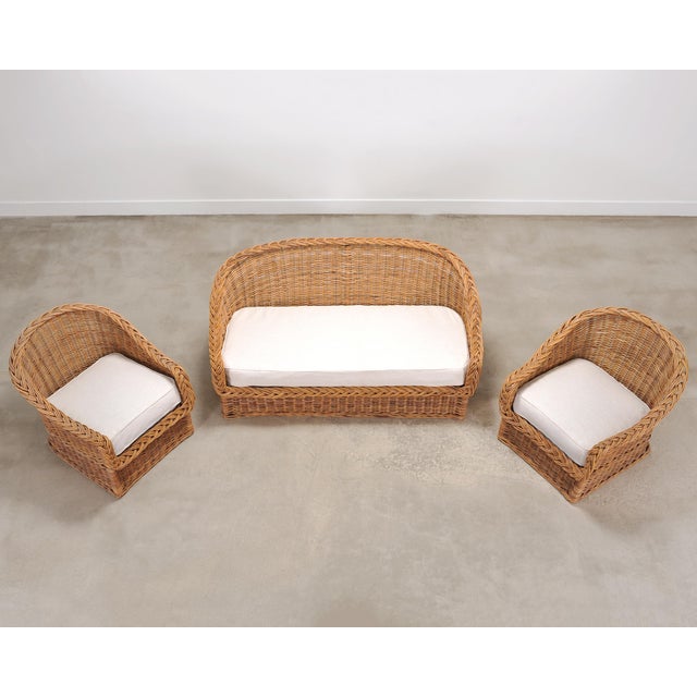 Contemporary Suite of Michael Taylor Style Rattan Wicker Chairs and Sofa For Sale - Image 3 of 18