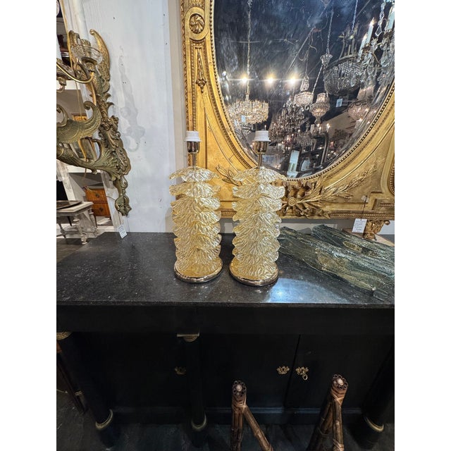 Early 21st Century Pair of Murano Gold Glass Ruffle Lamps For Sale - Image 5 of 5