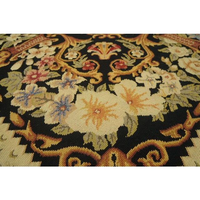 1980s Black Roses Circle Vintage Chinese European Needlepoint Woven Wool Rug For Sale - Image 9 of 11