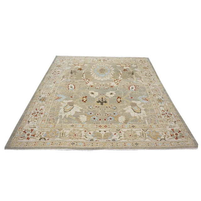 Persian Sultanabad Wool 8x8 Square Tan, Blue, & Ivory Handmade Area Rug #1143023