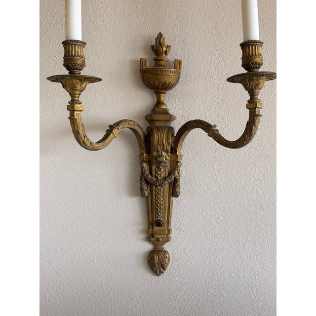 Antique French Louis XVI Style Twin-Light Wall Sconces - Gilt Bronze Ormolu Neoclassical Double Arm Wall Lights, Late 19th Century - Pair For Sale - Image 11 of 18