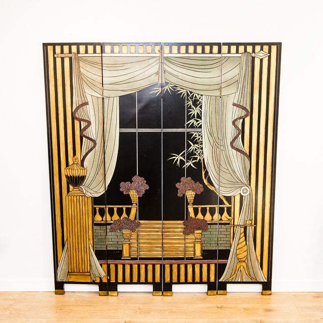 1960s Hollywood Regency Chinoiserie Black Lacquer & Gilt Four-Panel Room Divider For Sale - Image 15 of 15
