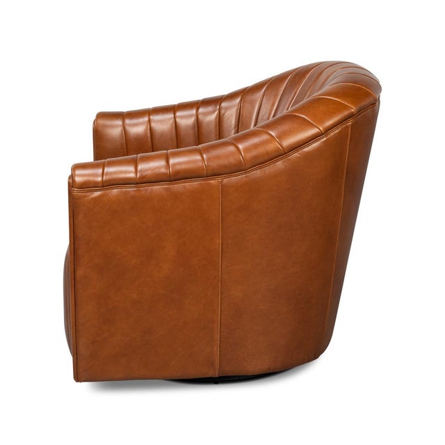 Brown Leather Channel Tufted Swivel Chair For Sale - Image 4 of 12