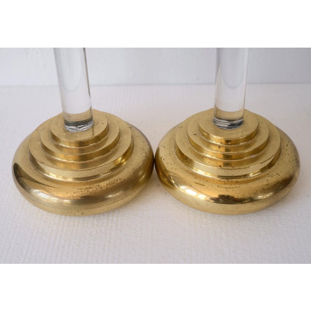 Charles Hollis Jones Charles Hollis Jones Art Deco Style Lucite & Brass Candlesticks - A Pair For Sale - Image 4 of 7