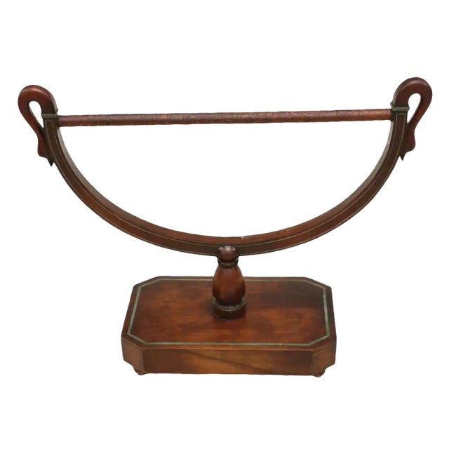 Large 19th C. French Empire Style Carved Mahogany Swan Head Towel Holder Quilt Blanket Rack on Rotating Display Stand For Sale