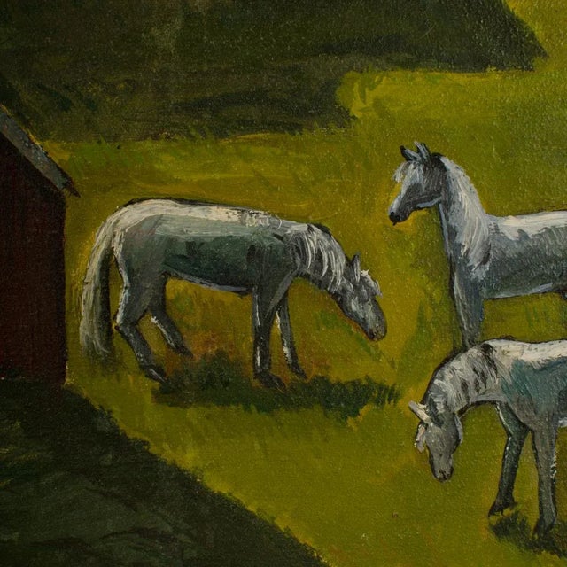 Mid century piece. Peach Orchard in the Valley, - depicting farm houses with winding roads and horses. (American, b. 1905-...