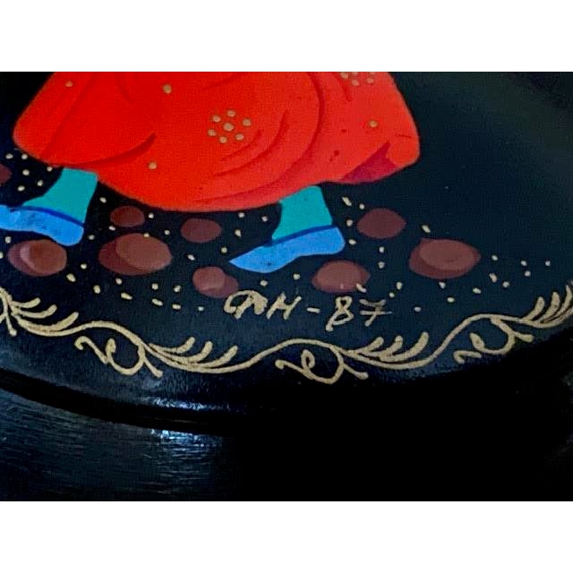 Lovely Vintage black tin box with a delicate hand painted decoration depicting a woman with 2 buckets perhaps a milkmaid...