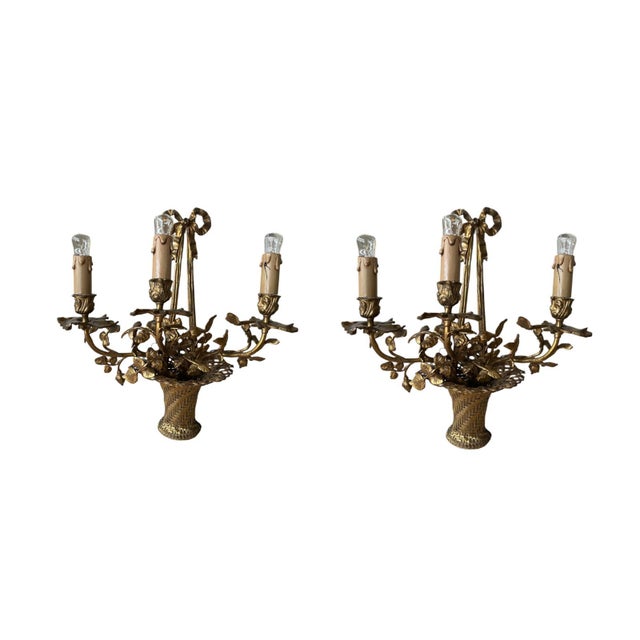 Metal French Gilt-Bronze Three-Light Wall Sconces, 1950s, Set of 2 For Sale - Image 7 of 7