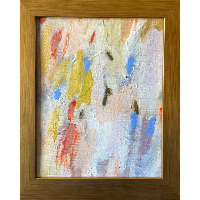 This abstract acrylic painting on raw canvas comes framed in a high quality wide gold frame. The painting is 8” x 10”. The...