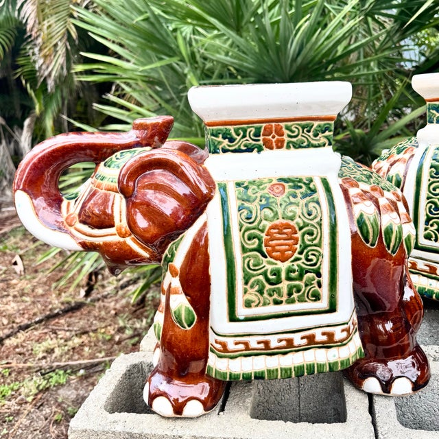 Boho Chic Boho Chic Painted and Glazed Ceramic Elephant Planters/Side Table - A Pair For Sale - Image 3 of 10