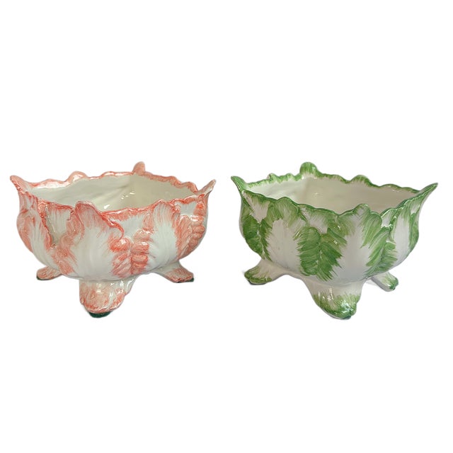 Apricot Vintage Mottahedeh Majolica Cabbage Leaf Planters - A Pair For Sale - Image 8 of 8