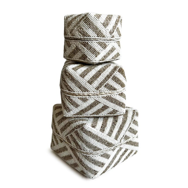 Tan Vintage Tan & White Striped Bamboo Beaded Box Medium For Sale - Image 8 of 9