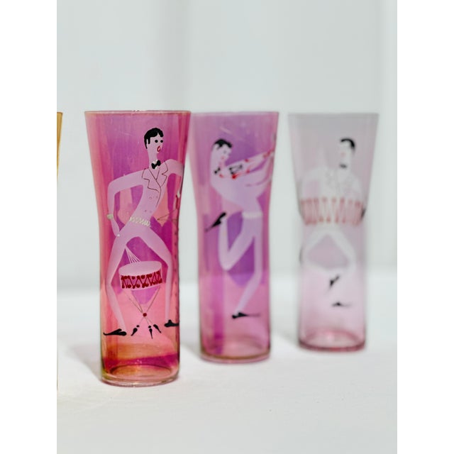1940s Italian Intaglio Etched & Enameled Luster Glass “Orchestra” Champagnes, Bohemian - Set of 6 For Sale In Raleigh - Image 6 of 12