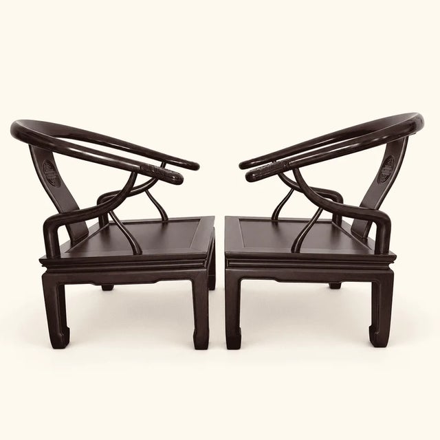 Vintage Ming-Style Chinese Horseshoe-Back Lounge Chairs, a Pair For Sale - Image 11 of 14