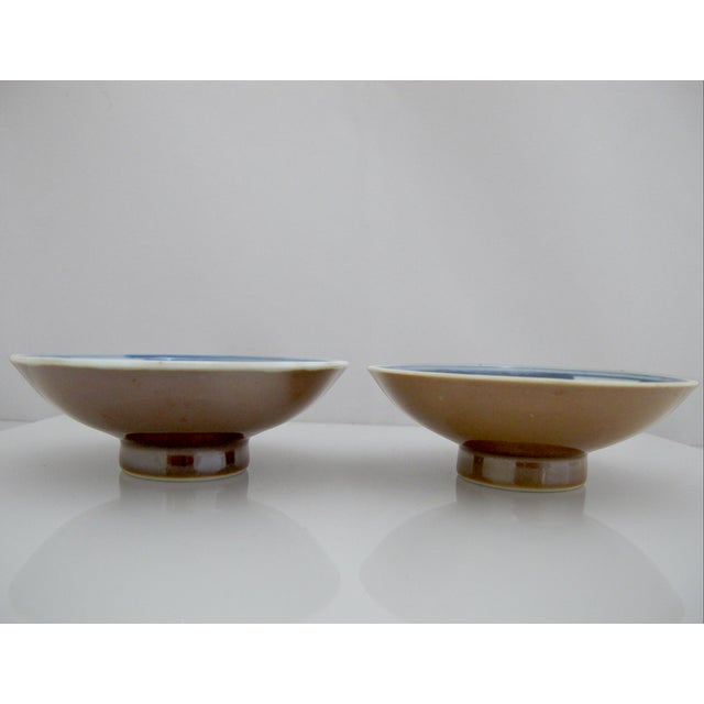 Small Chinese Cafe Au Lait Brown & Blue Porcelain Fish Tazza Dish Saucer Set For Sale - Image 4 of 7