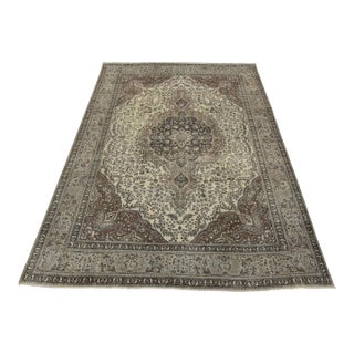 Tabriz Rug 9’11” X 12’9” Ivory Wool Vintage Distressed Hand-Knotted Carpet For Sale