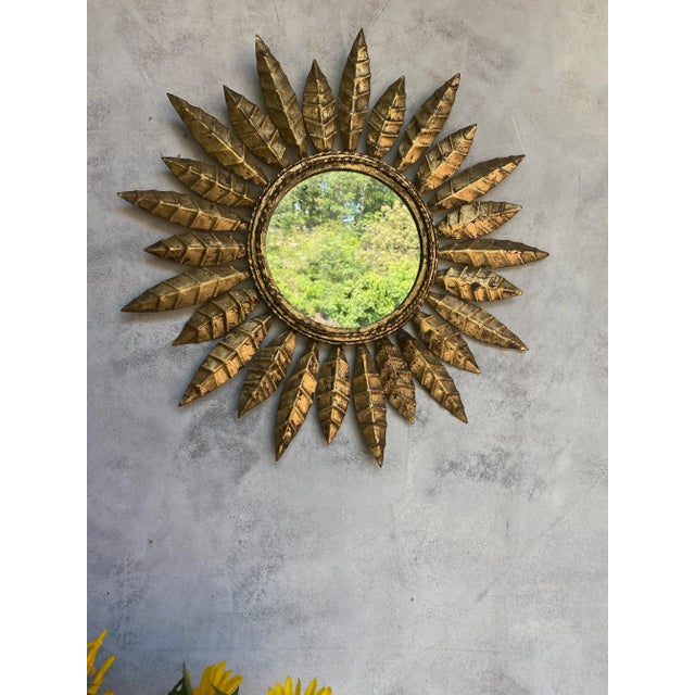 Small Spanish Gilt Metal Sunburst Mirror With Pointed Alternating Leaves For Sale In New York - Image 6 of 13
