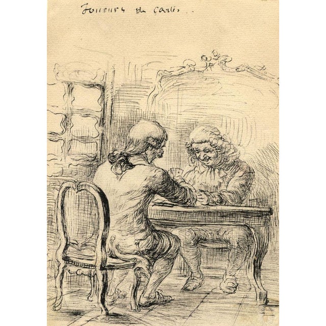 G. Cervelli, The Card Players, 1910s, Pen & Ink Drawing For Sale - Image 4 of 4