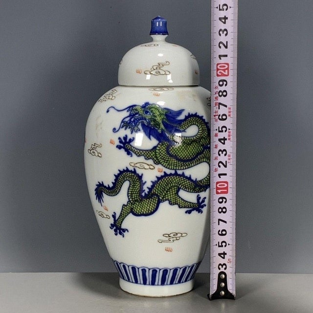 Ceramic Chinoiserie Dragon Lidded Ginger Jar, Green & Blue Dragon Porcelain Temple Jar Oriental Mantel Decor For Sale - Image 7 of 9