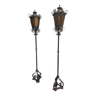 Set of Two Vintage Spanish Revival Wrought Iron Floor Lamps For Sale