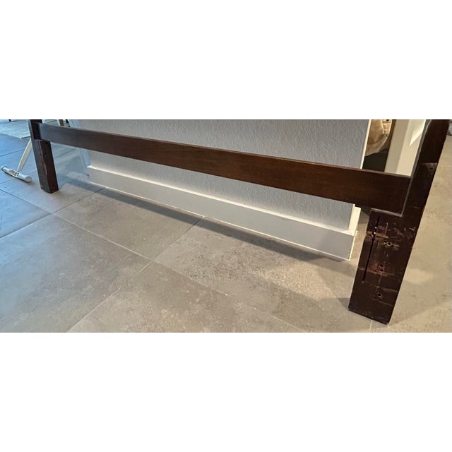 This is a mid-century modern wooden headboard, likely crafted in the 1960s, featuring the iconic geometric diamond-panel...