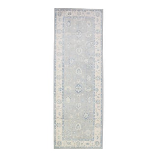 Turkish Oushak Rug Blue Ivory Handwoven Wool Runner 5'9" X 16'3" For Sale