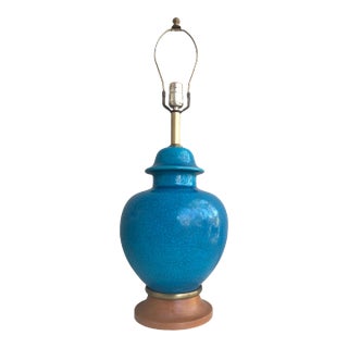 Vintage Turquoise Crackle Raku Glazed Ceramic Ginger Jar Table Lamp For Sale