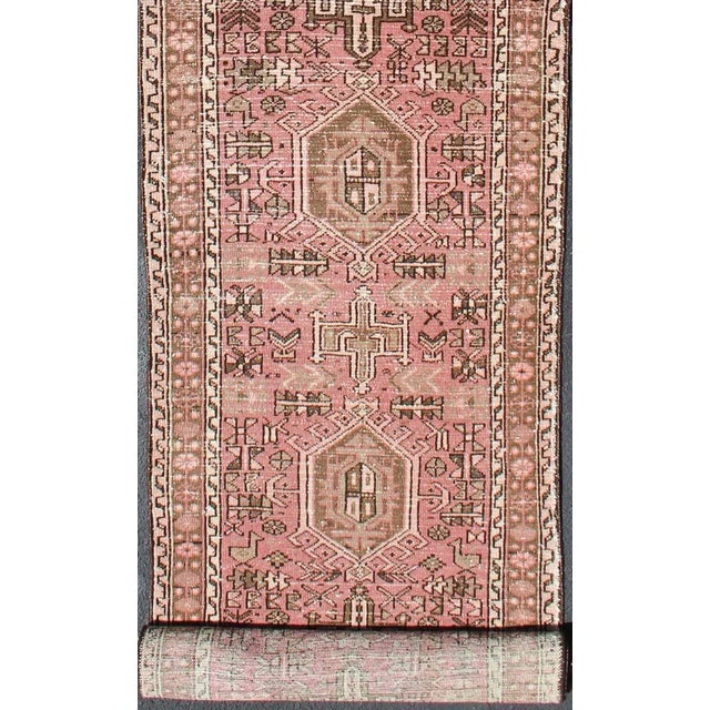 Tribal Long Narrow Persian Heriz Runner With Tribal Design in Pink and Taupe 2'5 X 15'5 For Sale - Image 3 of 13