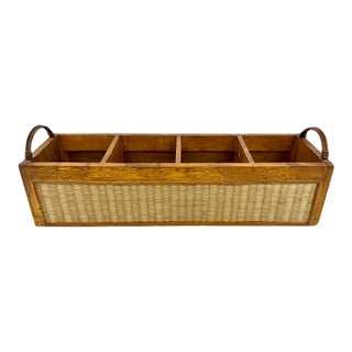 Vintage Indonesian Wood and Woven Rattan Four-Compartment Storage Caddy For Sale
