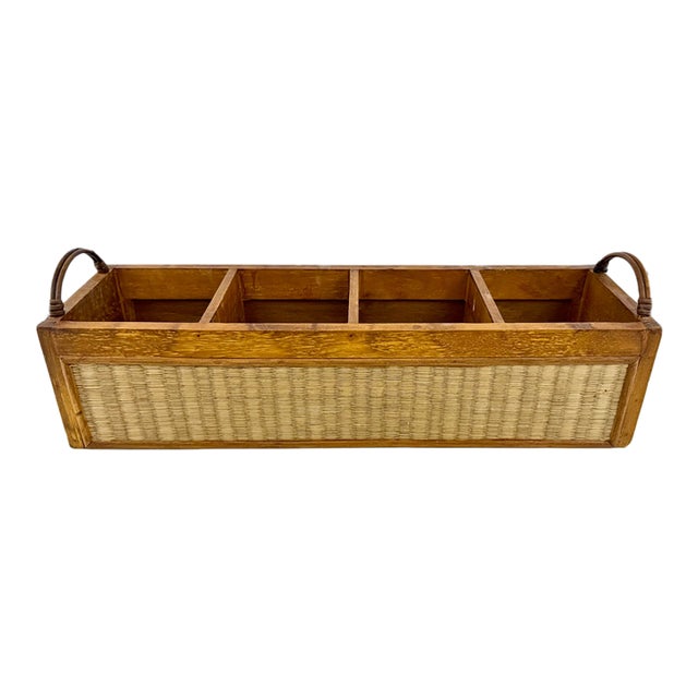 Vintage Indonesian Wood and Woven Rattan Four-Compartment Storage Caddy For Sale