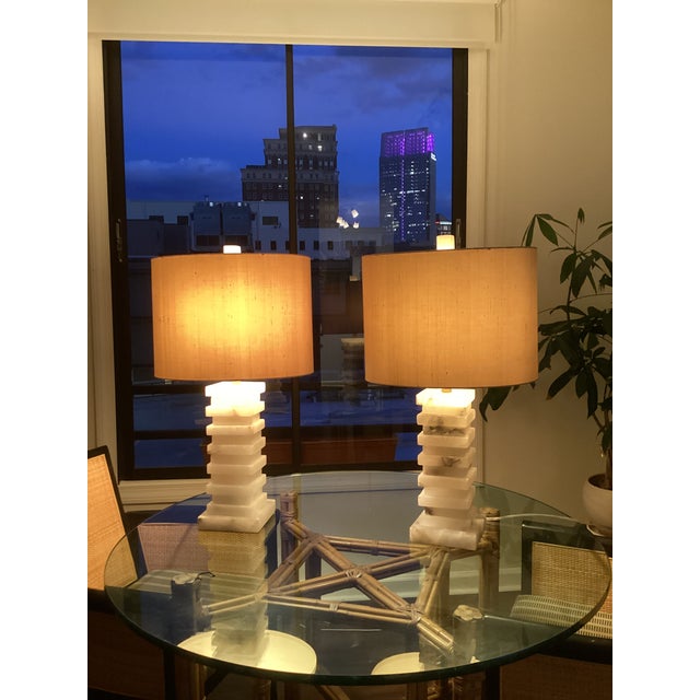 John-Richard Stacked Alabaster Column Table Lamps With Raw Silk Shades - a Pair For Sale - Image 9 of 9