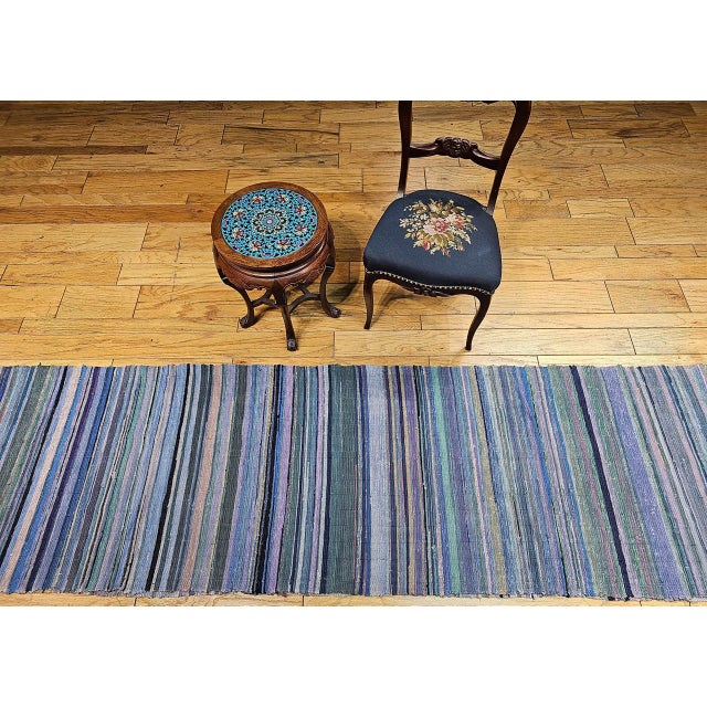 Antique American Amish Rag Runner, Handwoven Wool & Cotton, Stripe Pattern, 3x26 For Sale In Chicago - Image 6 of 18