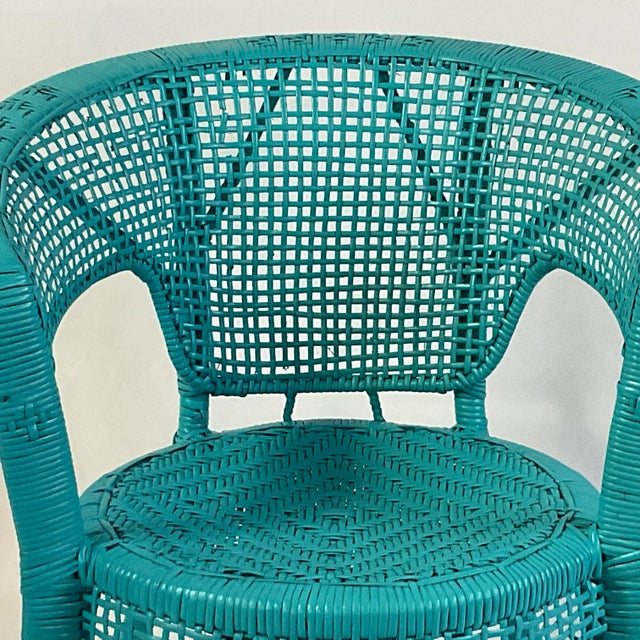 Boho Chic Vintage Coastal Boho Chic Turquoise Painted Wicker Chair. For Sale - Image 3 of 10