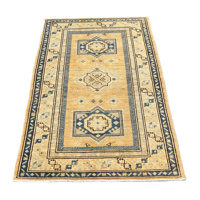 Art Deco 3x5 Antique-Style Apricot & Blue Medallion Rug, Ariana Hazara Caucasian Design For Sale - Image 3 of 8