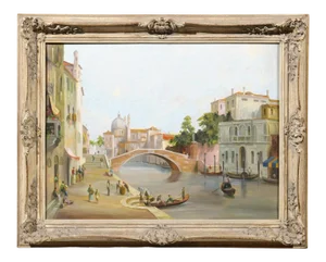 Mid 19th Century Venetian Scene Oil Painting, Framed