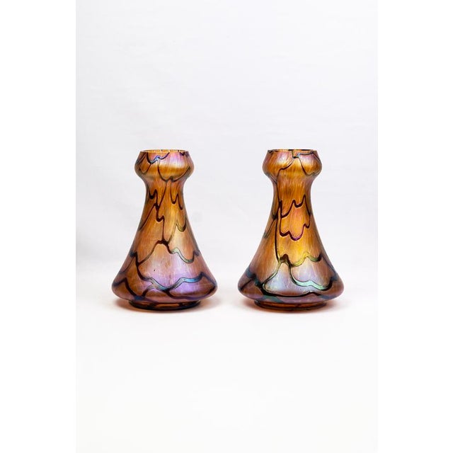 Amber-Orange Vases in Iridescent Molded Glass with Wavy Relief Decor from Pallme-König & Habel, Bohemia, 1900s, Set of 2 For Sale - Image 10 of 11